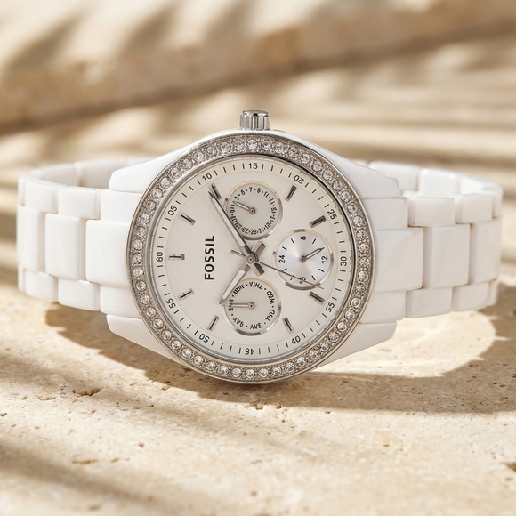 Fossil Day Date Crystal Bezel White Ceramic Women\'s Watch